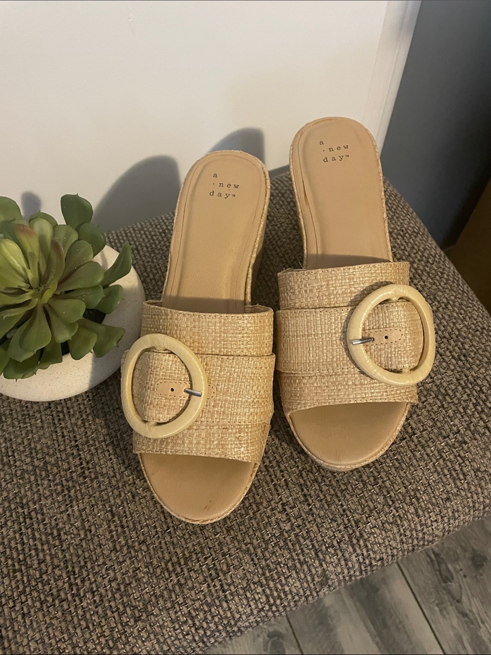 a new day Natural Raffia Slide Sandals with Round Buckle